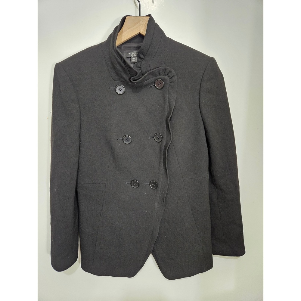 Ann‎ Taylor Black 100% Wool Ruffle Trim Double Breasted Pea Coat Petite 8P